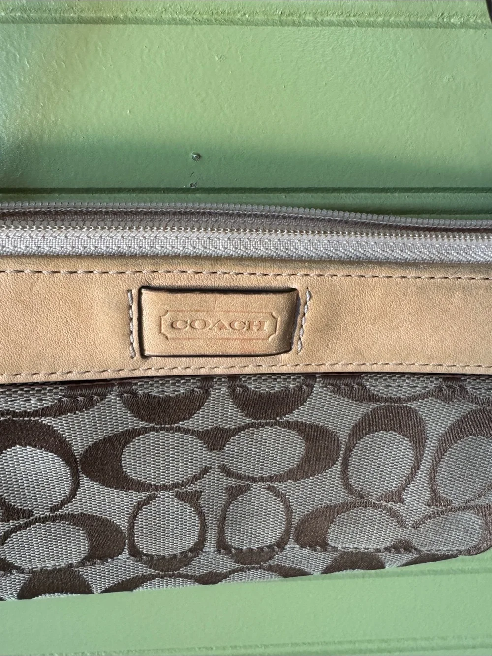 Coach Brown Signature Canvas Wristlet with Tan Leather Trim